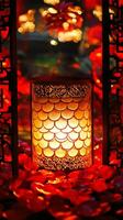 Snake scales reflecting light from a Chinese New Year lantern, surrounded by festive red and gold decorations photo