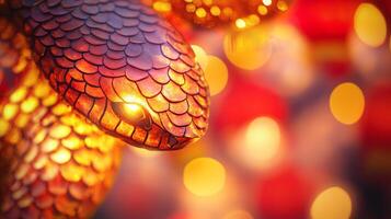 A close-up of snake scales glowing under soft red and gold lantern lights, with subtle Chinese New Year decorations in the background photo