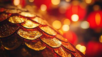 A close-up of snake scales glowing under soft red and gold lantern lights, with subtle Chinese New Year decorations in the background photo