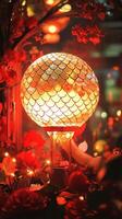 Snake scales reflecting light from a Chinese New Year lantern, surrounded by festive red and gold decorations photo