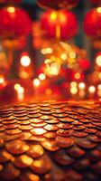 A close-up of snake scales glowing under soft red and gold lantern lights, with subtle Chinese New Year decorations in the background photo
