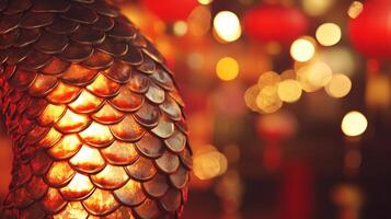 A close-up of snake scales glowing under soft red and gold lantern lights, with subtle Chinese New Year decorations in the background photo