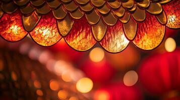 A close-up of snake scales glowing under soft red and gold lantern lights, with subtle Chinese New Year decorations in the background photo