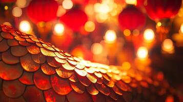 A close-up of snake scales glowing under soft red and gold lantern lights, with subtle Chinese New Year decorations in the background photo