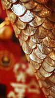 Detailed close-up of shimmering snake scales, with traditional Chinese New Year symbols faintly visible in the background photo
