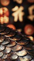 Detailed close-up of shimmering snake scales, with traditional Chinese New Year symbols faintly visible in the background photo