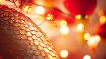A close-up of snake scales glowing under soft red and gold lantern lights, with subtle Chinese New Year decorations in the background photo