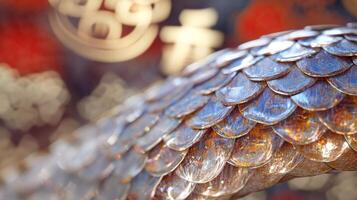 Detailed close-up of shimmering snake scales, with traditional Chinese New Year symbols faintly visible in the background photo