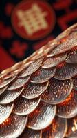 Detailed close-up of shimmering snake scales, with traditional Chinese New Year symbols faintly visible in the background photo
