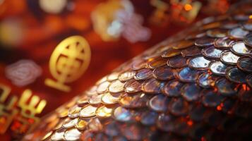 Detailed close-up of shimmering snake scales, with traditional Chinese New Year symbols faintly visible in the background photo