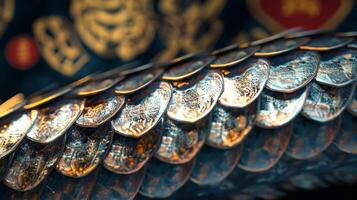 Detailed close-up of shimmering snake scales, with traditional Chinese New Year symbols faintly visible in the background photo