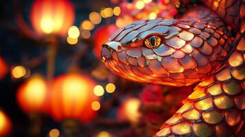 Illuminated snake scales with soft red and gold hues, against the backdrop of Chinese New Year festivities and lanterns photo