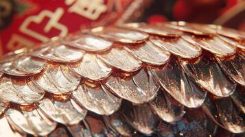 Detailed close-up of shimmering snake scales, with traditional Chinese New Year symbols faintly visible in the background photo