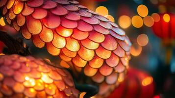 Illuminated snake scales with soft red and gold hues, against the backdrop of Chinese New Year festivities and lanterns photo