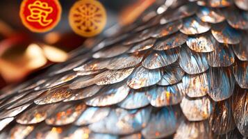 Detailed close-up of shimmering snake scales, with traditional Chinese New Year symbols faintly visible in the background photo