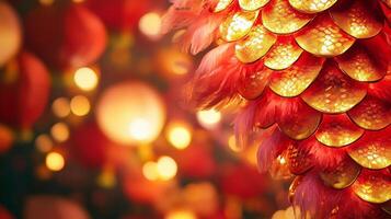 Illuminated snake scales with soft red and gold hues, against the backdrop of Chinese New Year festivities and lanterns photo
