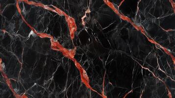 Close-up of black marble with bold red veins, creating a dramatic and striking design photo