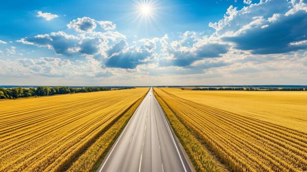 A long stretch of highway surrounded by fields of golden wheat under a bright summer sky photo