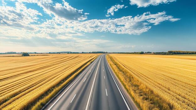 A long stretch of highway surrounded by fields of golden wheat under a bright summer sky photo