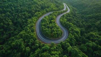 Aerial view of a winding highway through dense green forest, with no vehicles or people visible photo