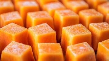 Perfectly aligned rows of papaya cubes, filling the frame with bright orange and geometric patterns photo