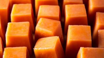 Perfectly aligned rows of papaya cubes, filling the frame with bright orange and geometric patterns photo