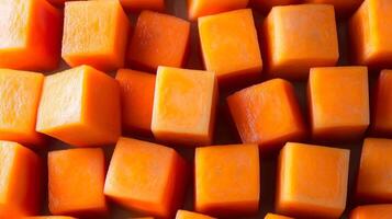 Perfectly aligned rows of papaya cubes, filling the frame with bright orange and geometric patterns photo