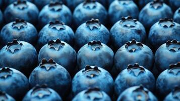 Perfectly arranged rows of blueberries in a geometric pattern, filling the frame with deep blue tones photo