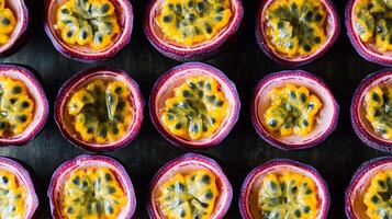 Rows of halved passion fruit, the bright yellow seeds forming a striking repeating pattern against the purple skin photo