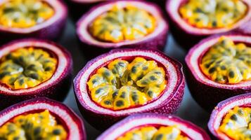 Rows of halved passion fruit, the bright yellow seeds forming a striking repeating pattern against the purple skin photo