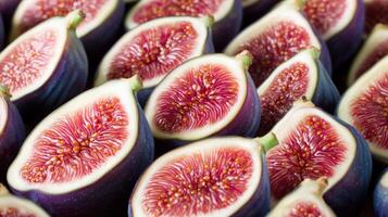 Rows of perfectly aligned halved figs, the deep purple skins and pink centers forming a rich, detailed pattern photo