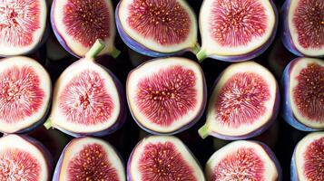 Rows of perfectly aligned halved figs, the deep purple skins and pink centers forming a rich, detailed pattern photo