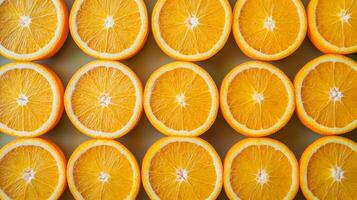 Top view of perfectly aligned rows of bright orange slices, filling the frame with a vibrant citrus pattern photo