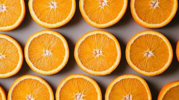 Top view of perfectly aligned rows of bright orange slices, filling the frame with a vibrant citrus pattern photo