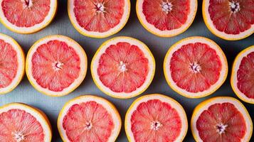 Top view of neatly arranged red grapefruit halves, creating a bold and colorful repeating circular pattern photo