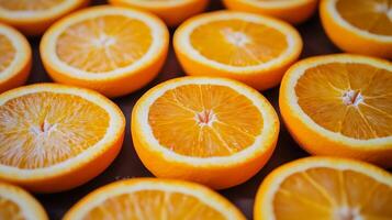 Top view of perfectly aligned rows of bright orange slices, filling the frame with a vibrant citrus pattern photo