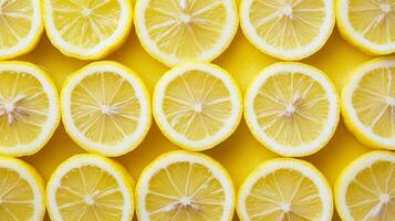 Top view of rows of lemon slices creating a repeating yellow pattern, with sharp contrasts between the rind and flesh photo