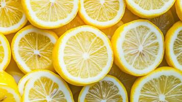 Top view of rows of lemon slices creating a repeating yellow pattern, with sharp contrasts between the rind and flesh photo