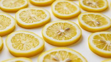 Top view of rows of lemon slices creating a repeating yellow pattern, with sharp contrasts between the rind and flesh photo