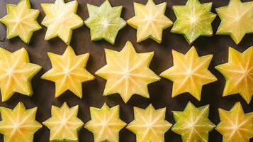 Top view of rows of starfruit slices, their unique star shapes forming a repeating tropical pattern photo