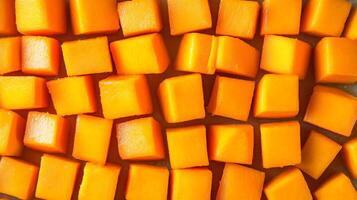 Top-down view of neatly arranged orange mango cubes, filling the frame with a vibrant, textured pattern photo
