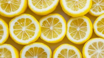 Top view of rows of lemon slices creating a repeating yellow pattern, with sharp contrasts between the rind and flesh photo
