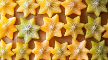 Top view of rows of starfruit slices, their unique star shapes forming a repeating tropical pattern photo