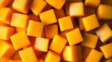 Top-down view of neatly arranged orange mango cubes, filling the frame with a vibrant, textured pattern photo