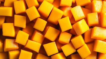 Top-down view of neatly arranged orange mango cubes, filling the frame with a vibrant, textured pattern photo