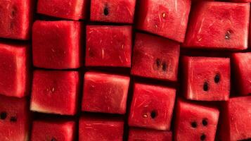 Top-down view of neatly arranged red watermelon cubes, filling the frame with a vibrant, textured pattern photo