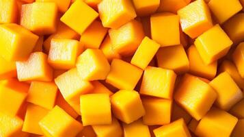 Top-down view of neatly arranged orange mango cubes, filling the frame with a vibrant, textured pattern photo