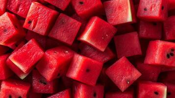 Top-down view of neatly arranged red watermelon cubes, filling the frame with a vibrant, textured pattern photo