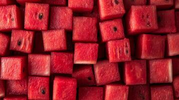 Top-down view of neatly arranged red watermelon cubes, filling the frame with a vibrant, textured pattern photo