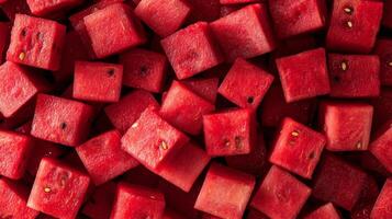Top-down view of neatly arranged red watermelon cubes, filling the frame with a vibrant, textured pattern photo